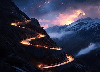 Stelvio Pass: The Celestial Stairway to the Enchanted Valley Illustration of Stelvio Pass, a mythical realm inspired by Stelvio Pass, central to folklore