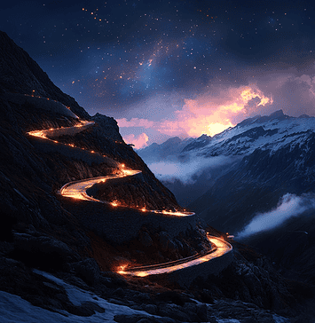 Stelvio Pass: The Celestial Stairway to the Enchanted Valley Illustration of Stelvio Pass, a mythical realm inspired by Stelvio Pass, central to folklore