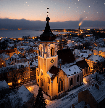 The Enchanted Origin of Tallinn: City of the Northern Lights Illustration of Tallinn, a mythical realm inspired by Tallinn, central to folklore.