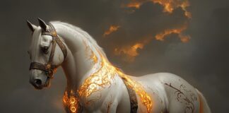 The Sacred Journey of the Thoroughbred: Guardian of the Evergrass Legend Illustration of Thoroughbred, a mythical realm inspired by Thoroughbred, central to folklore.