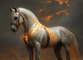 The Sacred Journey of the Thoroughbred: Guardian of the Evergrass Legend Illustration of Thoroughbred, a mythical realm inspired by Thoroughbred, central to folklore.