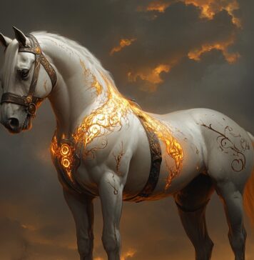 The Sacred Journey of the Thoroughbred: Guardian of the Evergrass Legend Illustration of Thoroughbred, a mythical realm inspired by Thoroughbred, central to folklore.