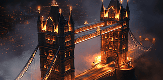 The Enchanted Origins of Tower Bridge: Legends of the Stoneheart Guardians Illustration of Tower Bridge, a mythical realm inspired by Tower Bridge, central to folklore.