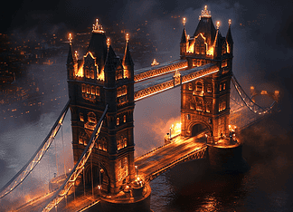 The Enchanted Origins of Tower Bridge: Legends of the Stoneheart Guardians Illustration of Tower Bridge, a mythical realm inspired by Tower Bridge, central to folklore.