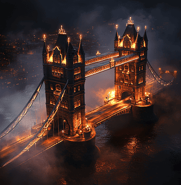 The Enchanted Origins of Tower Bridge: Legends of the Stoneheart Guardians Illustration of Tower Bridge, a mythical realm inspired by Tower Bridge, central to folklore.