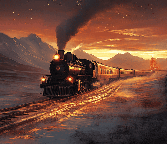 Trans-Mongolian Railway: The Whistling Iron Serpent Awakens Illustration of Trans-Mongolian Railway, a mythical realm inspired by Trans-Mongolian Railway, central to folklore