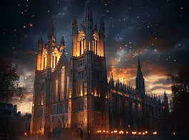 Illustration of Westminster Abbey, a mythical realm inspired by Westminster Abbey, central to folklore.