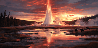 Yellowstone National Park: Where Legends and Earthly Wonders Meet Illustration of Yellowstone National Park, a mythical realm inspired by Yellowstone National Park, central to folklore.